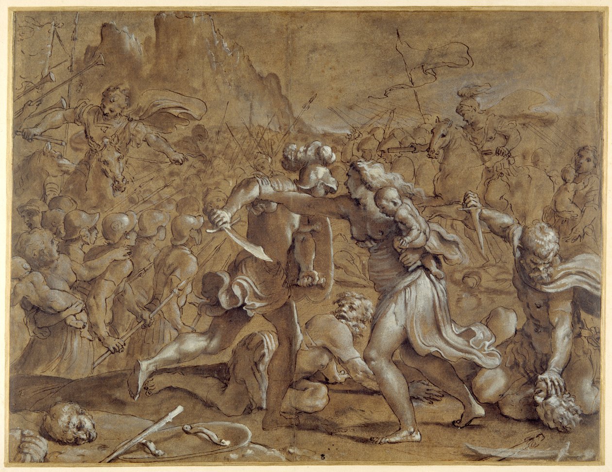 Bitva mezi Římany a Sabiny (pero a inkoust s praním a kvašem na papíře) od Annibale Carracci