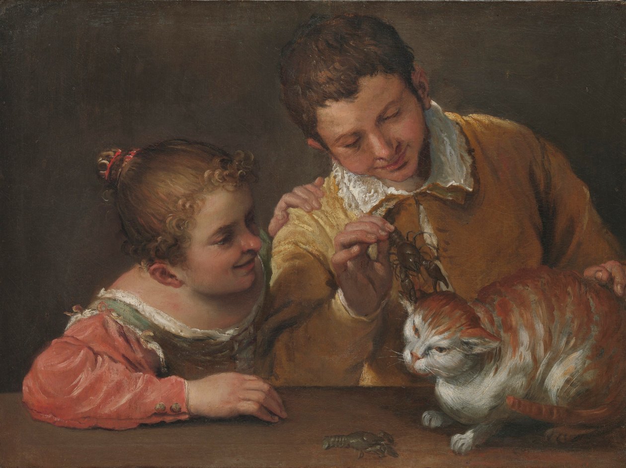Dvě děti škádlí kočku (olej na plátně) od Annibale Carracci