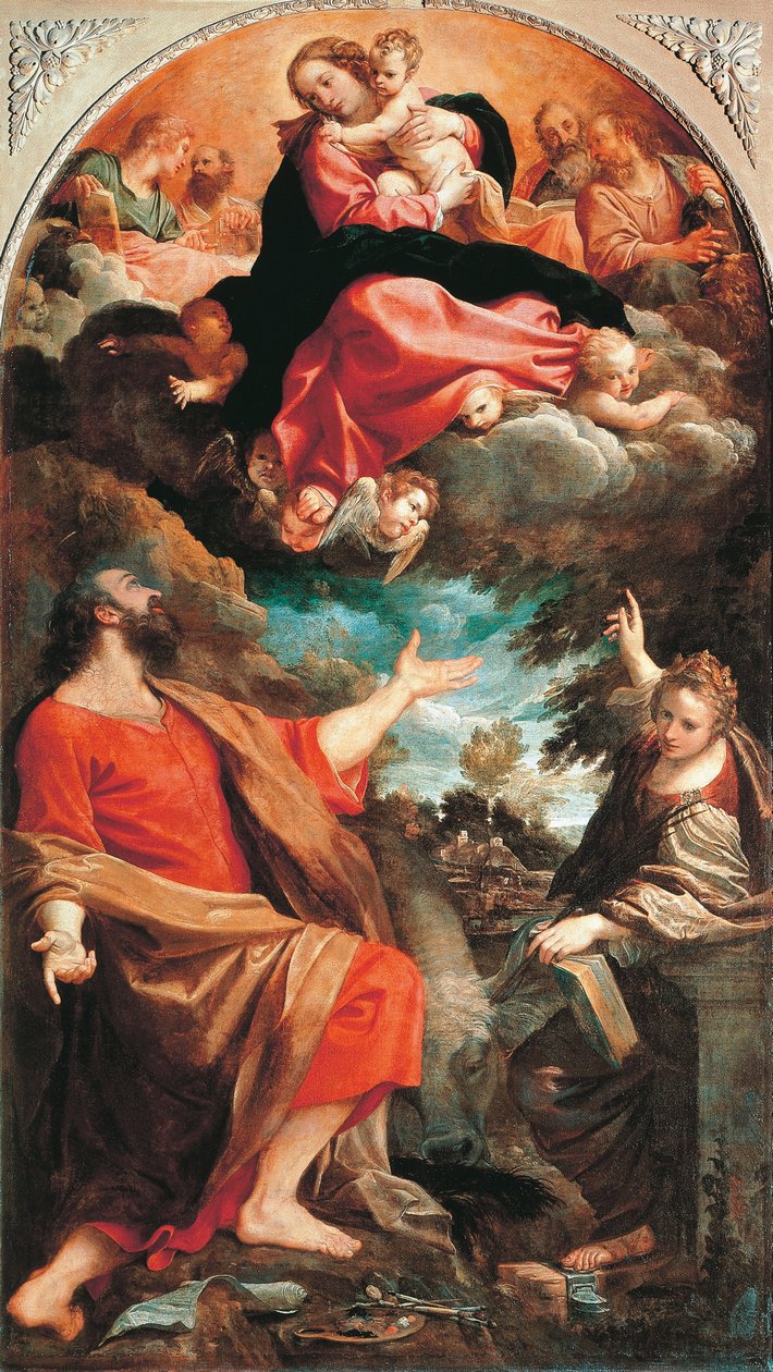 Panna se zjevuje svatým Lukášovi a Kateřině od Annibale Carracciho (1560-1609), olej na plátně, 401x226 cm, kolem roku 1592 od Annibale Carracci