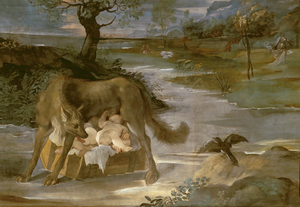 Vlčice kojící Romulus a Remus, z cyklu Historie Romula, kolem roku 1590 od Annibale Copy Carracci