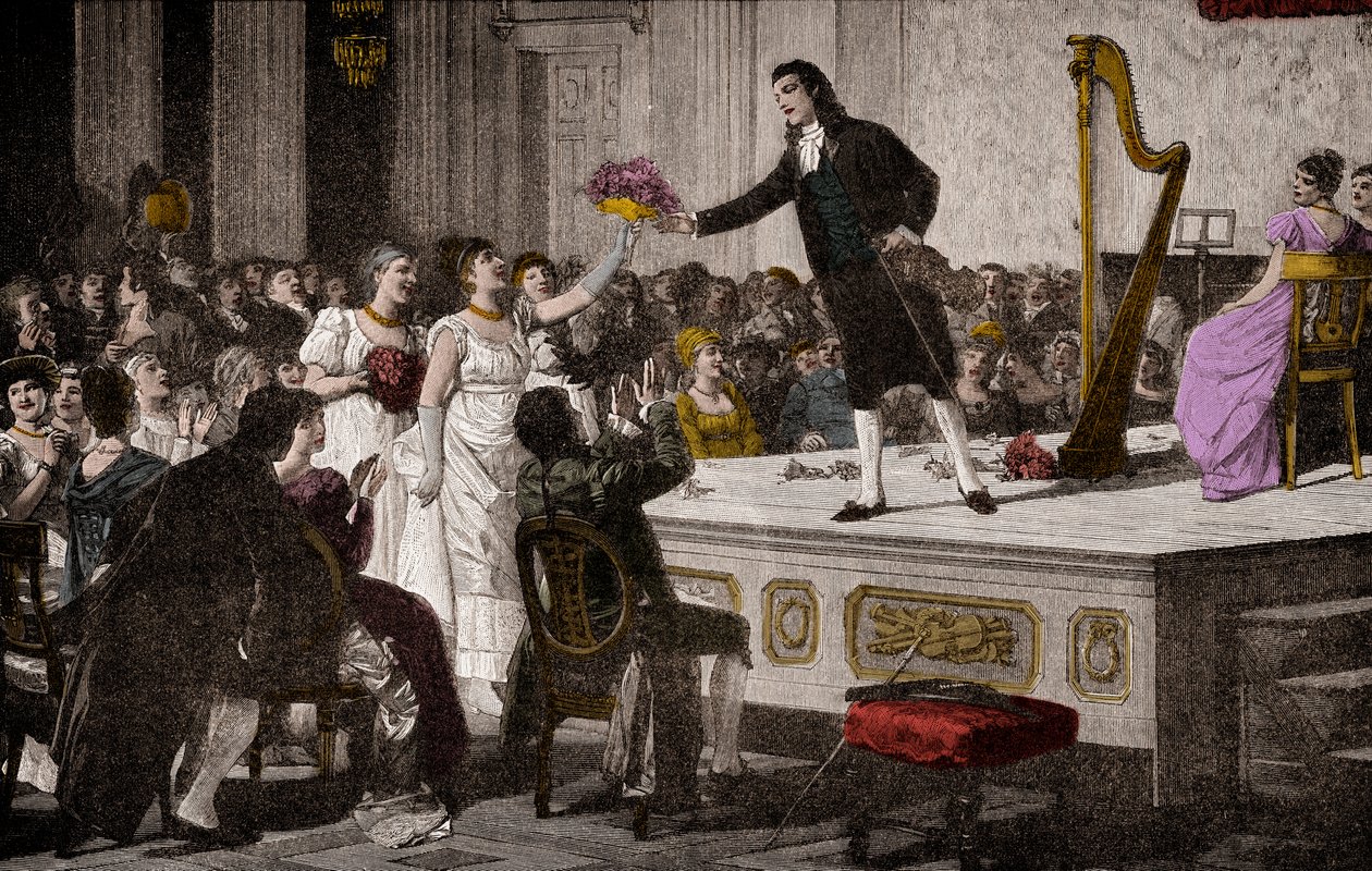 Niccolo Paganini (1792-1840) první triumfy - dřevořez podle malby Annibale Gattiho (1828-1909) od Annibale Gatti