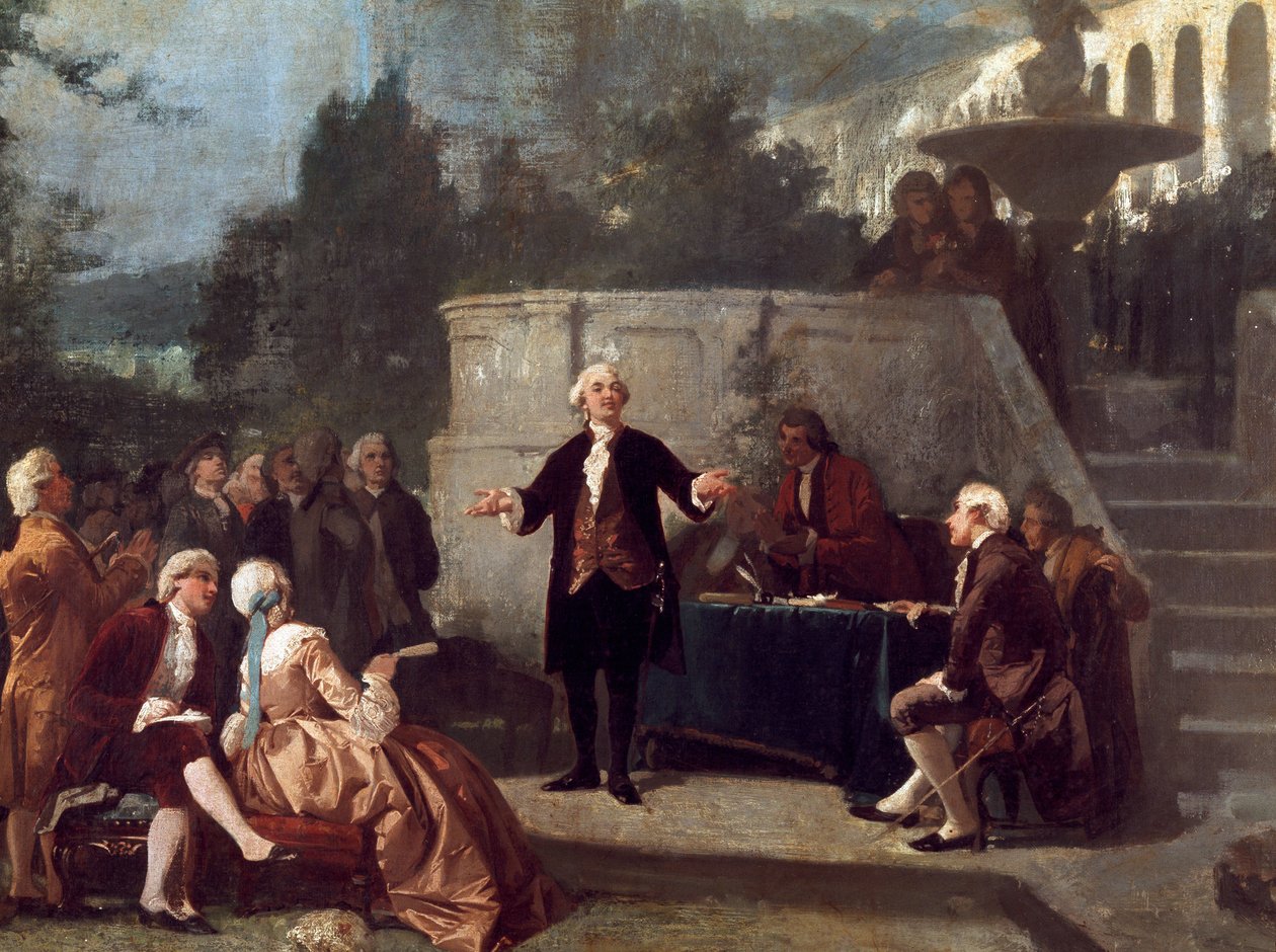 Italský dramatik Carlo Goldoni (1707-1793) deklaruje sonet před členy Colonia Alfea (ekvivalent Arkádské akademie v Pise) ve Scottově zahradě v Pise Malba Annibale Gattiho (1828 - 1909) od Annibale Gatti