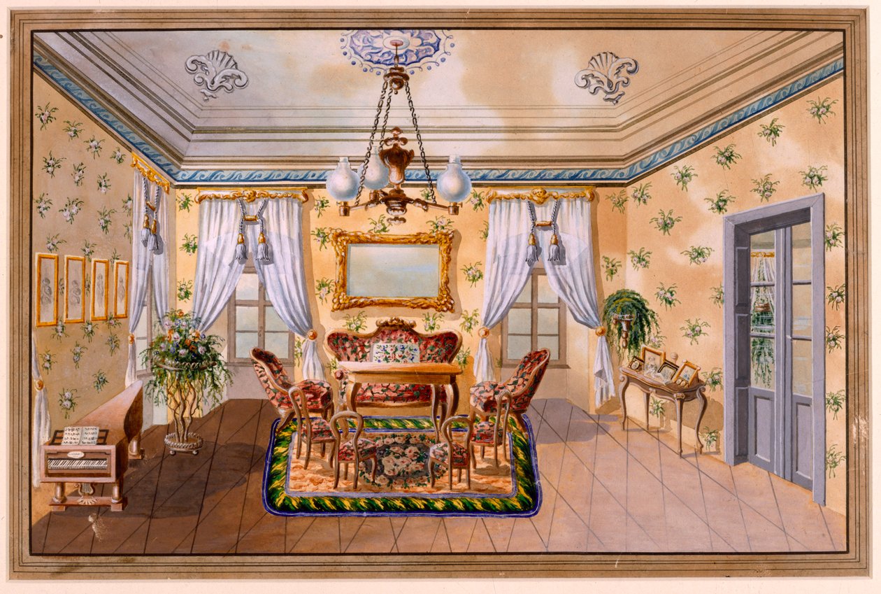 "Biedermeierový salon", Němec Anon cca 1830, akvarel od Unbekannt Unbekannt