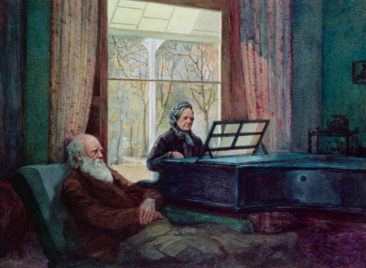 Charles Darwin a jeho manželka u klavíru od Unbekannt Unbekannt