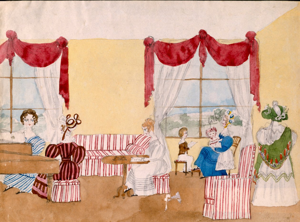 Interiér s ženami a dětmi, kolem 1830, Britové, akvarel od Unbekannt Unbekannt
