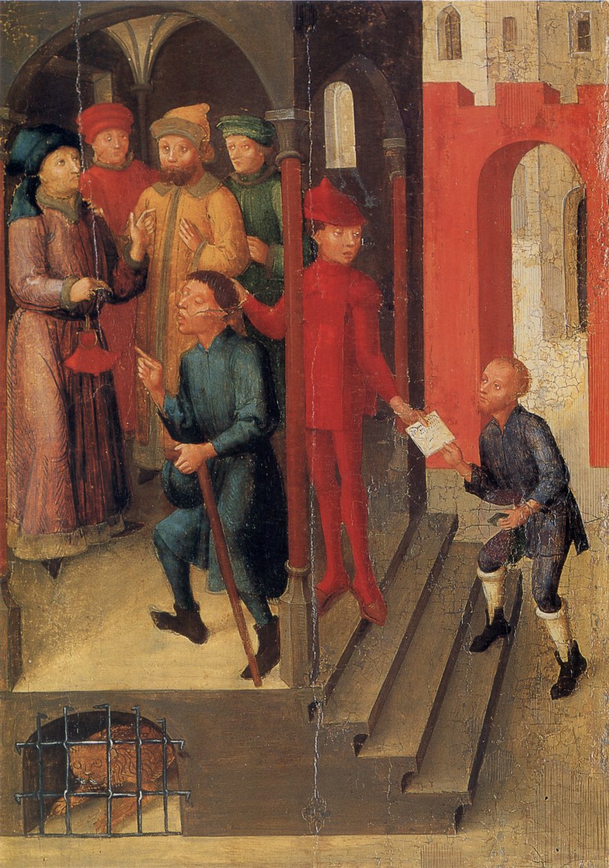Weingartener Heilig-Blut-Tafel z roku 1489. Landesmuseum Württemberg, Stuttgart.   Deska 10: Adilbero hlásí božské zjevení pozoruhodným Mantuasům (podle legendy z roku 1048) od Unknown