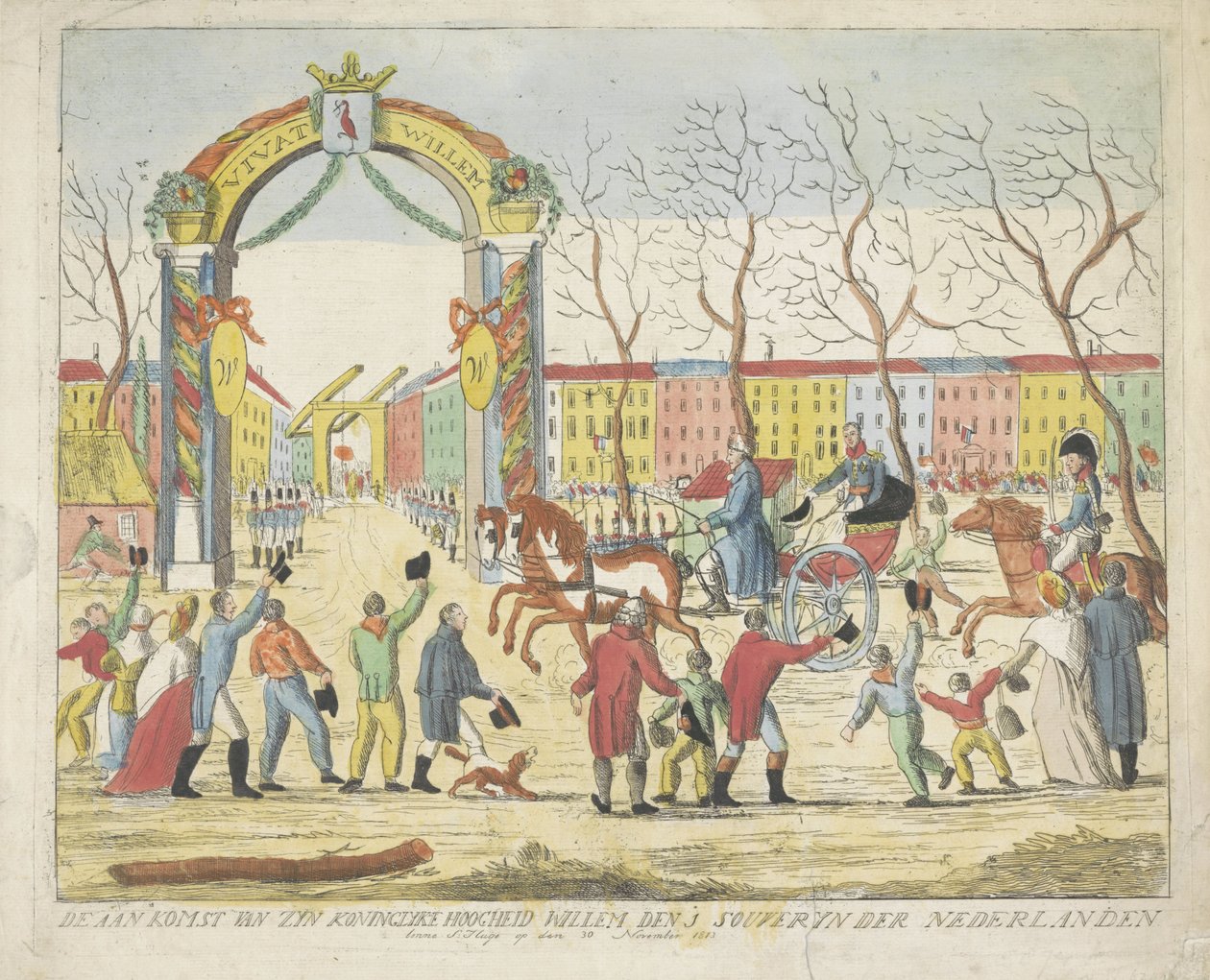 Příjezd prince Oranžského do Haagu, 1813 Příjezd Jeho královské Výsosti Willema den 1 souveryn der Nederlanden benne S: Hage dne 30. listopadu 1813 (název na předmětu) od Anonymous