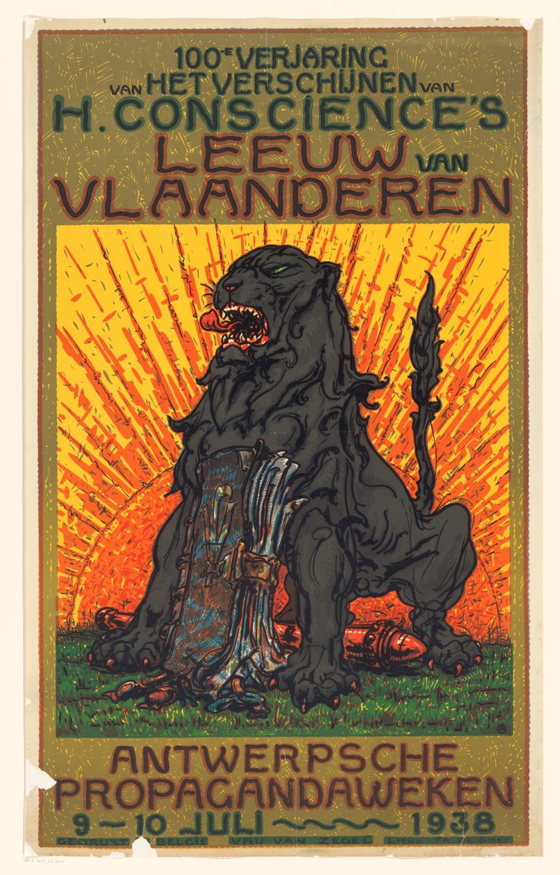 Plakát u příležitosti stého výročí vydání De Leeuw van Vlaanderen od Henri Conscience 100. výročí vydání H. Conscience