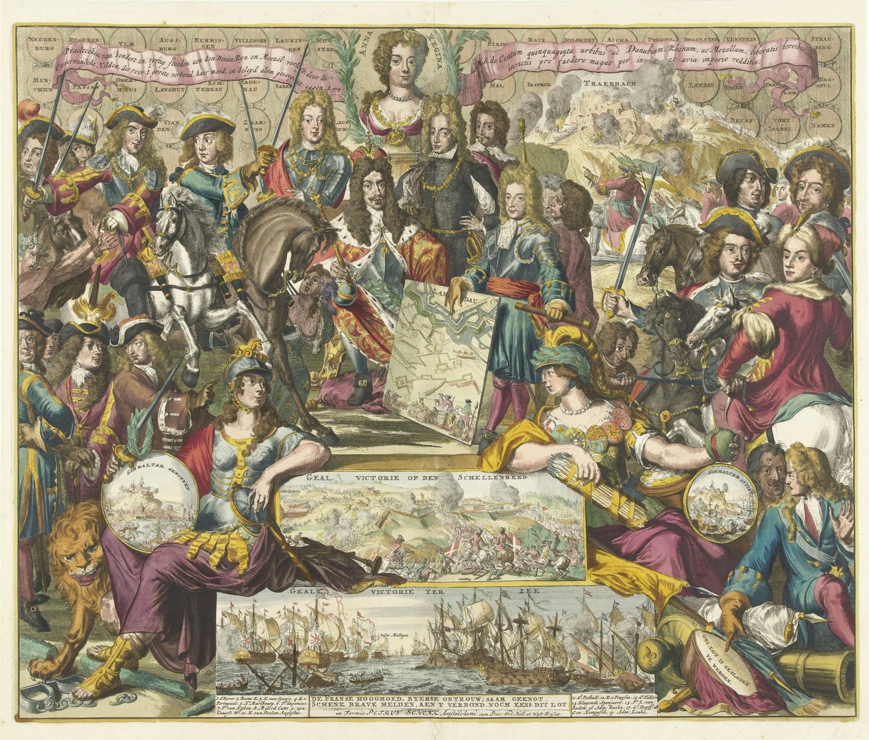 Alegorie spojeneckých vítězství v roce 1704 Nádherné stopy sto padesáti měst na Dunaji, Rynu a Mosely, vykoupených Nedobytnými hrdiny, kteří byli díky velkému spojenectví známí svou odvahou a slávou. A. 1704 (název na o od Anonymous