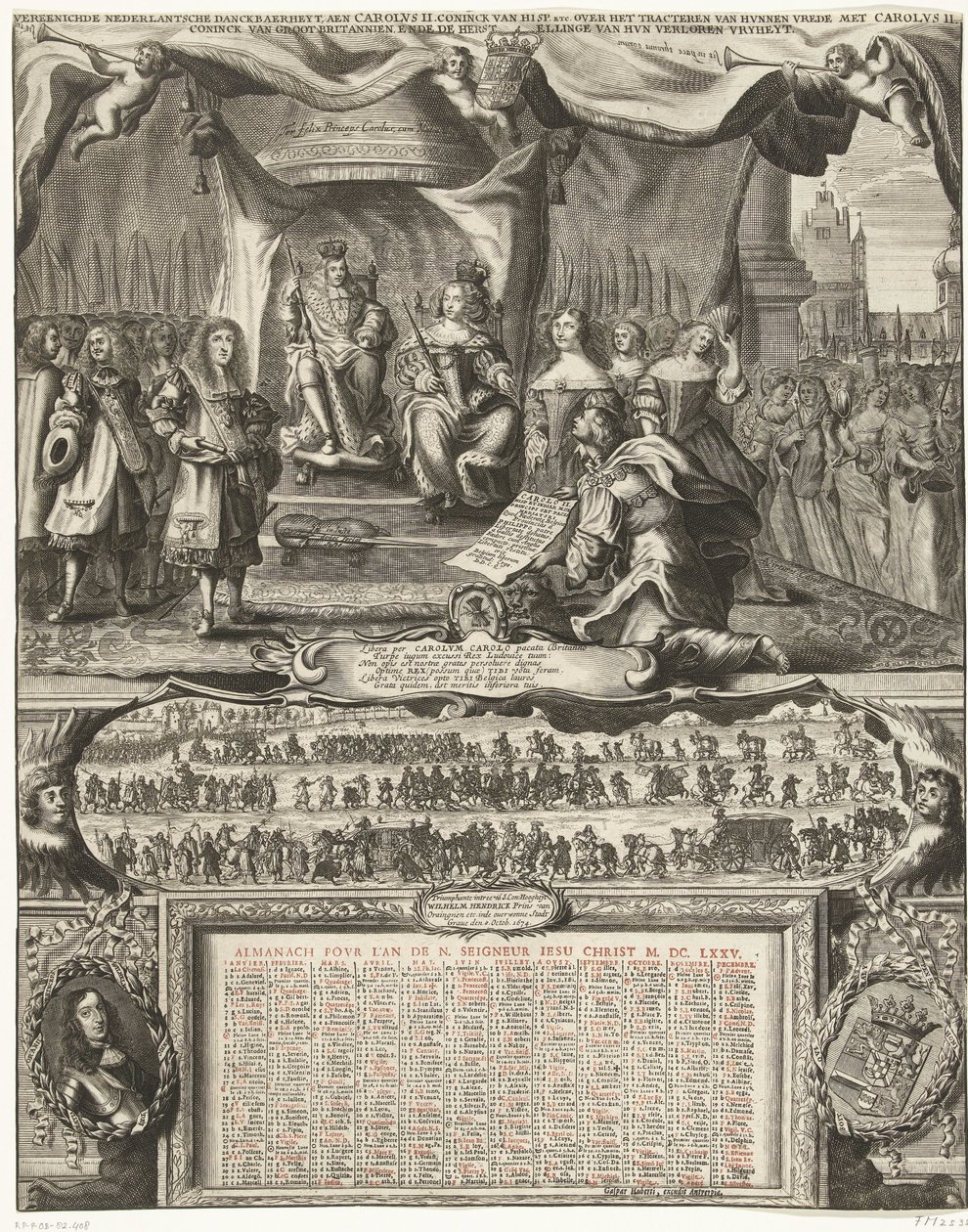 Alegorie míru s Anglií v roce 1674 a almanach na rok 1675 Vereenichde Nederlantsche danckbaerheyt, aen Carolus II. Coninck van Hisp. atd. o uzavření jejich míru s Karlem II. Coninck z Velké Británie a restaurování od Anonymous
