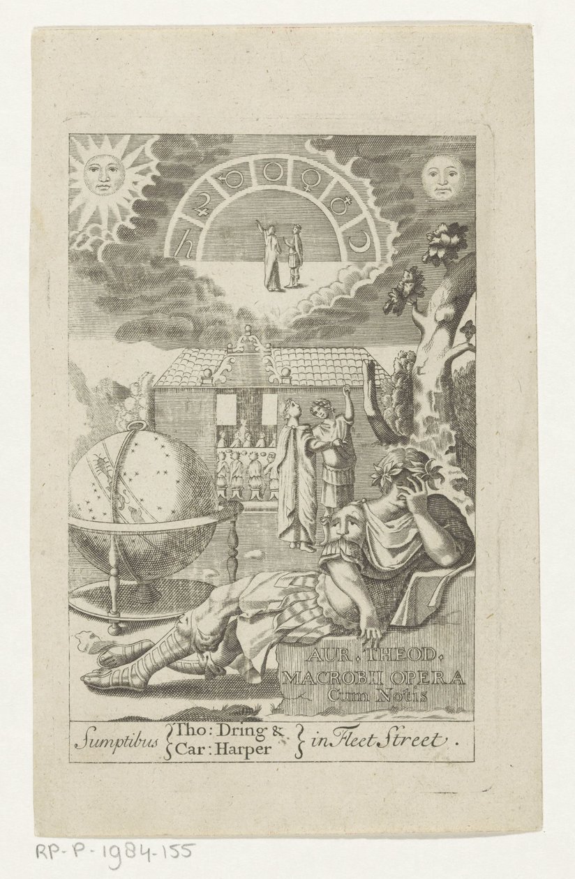 Ambrosius Theodosius Macrobius leunend op teen naast globe Zlato Theod. Macrobius Opera Cum Notis (název na objektu) Titulní stránka: Ambrosius Theodosius Macrobius, Aur. Theodosius Macrobius V. Cl. & Illustrious Works, 1694 od Anonymous