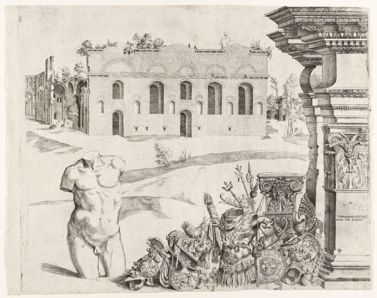 Architektura capriccio se spolia, mužské torzo a pohled na Diokleciánovy lázně od Anonymous