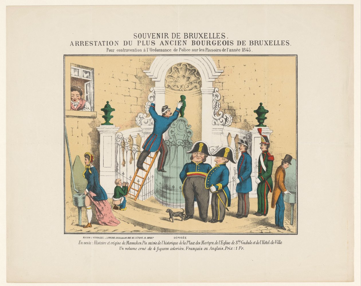 Zatčení Manneken Pis, 1845 Suvenýr z Bruselu. Zatčení nejstarší bruselské buržoazie. Za porušení policejního nařízení o pisoárech z roku 1845 (název na předmětu) od Anonymous