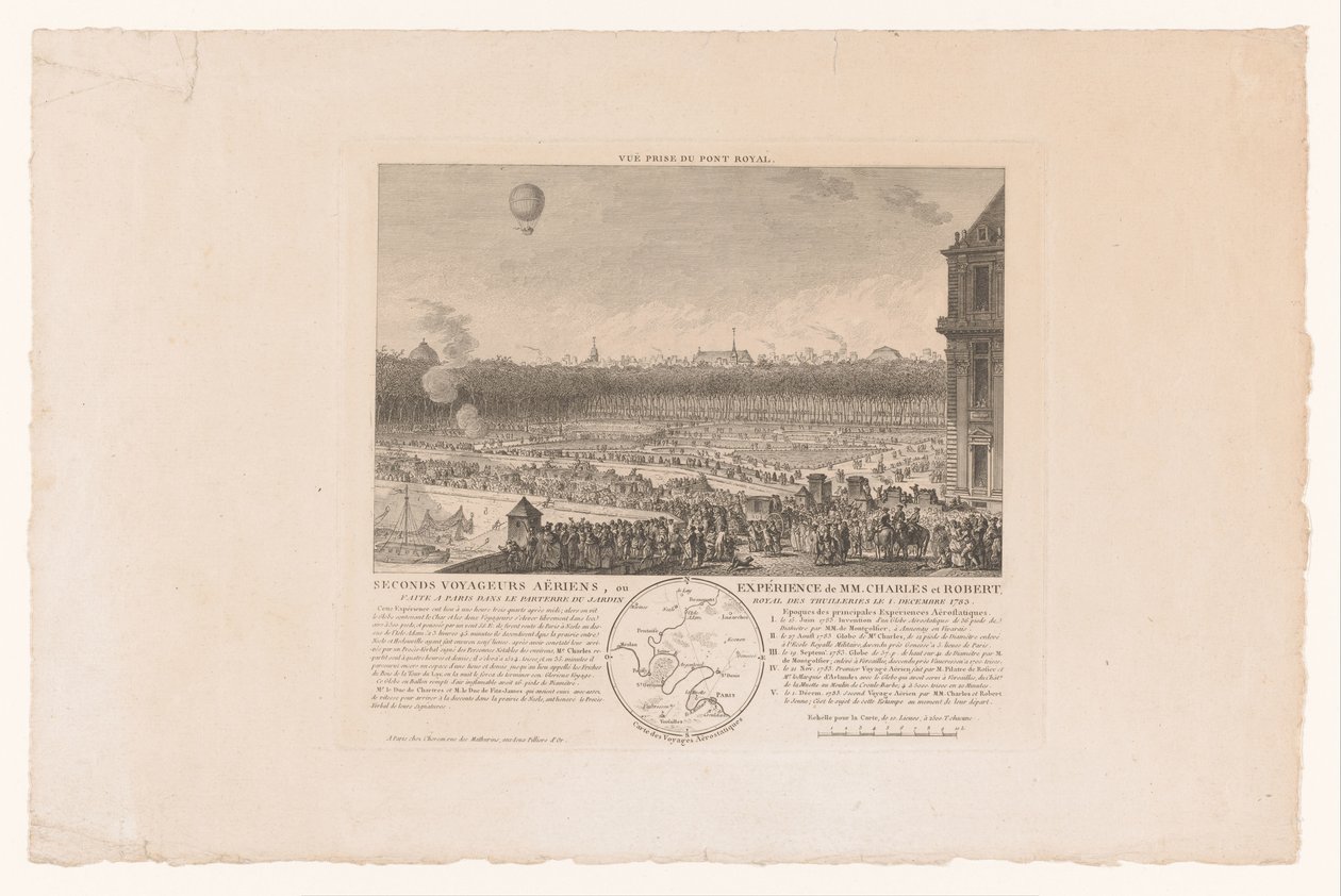 Ballonvlucht door de heren Charles a Robert van Parijs naar Beaumont, gezien vanaf de Tuilleriën, 1. prosince 1783 Second Air Travelers aneb Zkušenosti MM. Karla a Roberta, vyrobený v Paříži v parteru královské zahrady Tuilleries dne 1. prosince od Anonymous
