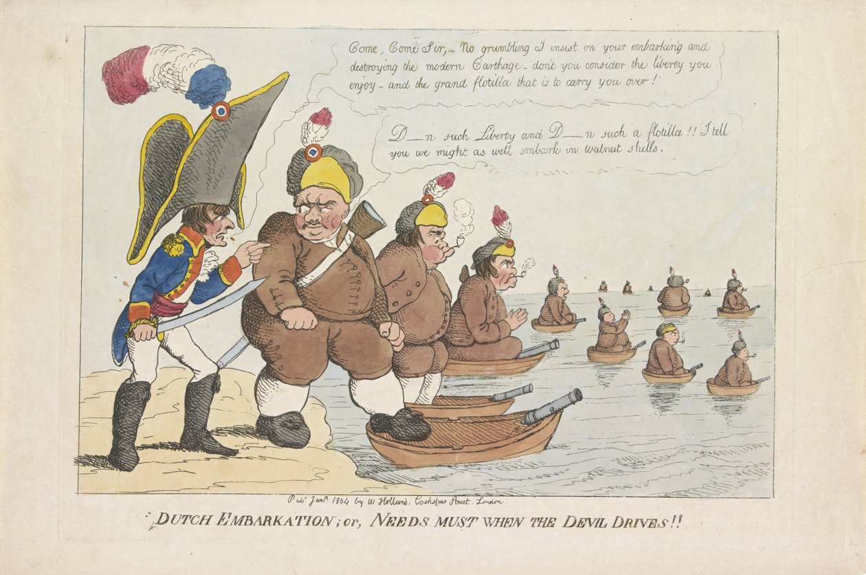 Bataafse vloot, 1804 holandské nalodění; aneb Potřeby musí, když Ďábel řídí!! (název na objektu) od Anonymous