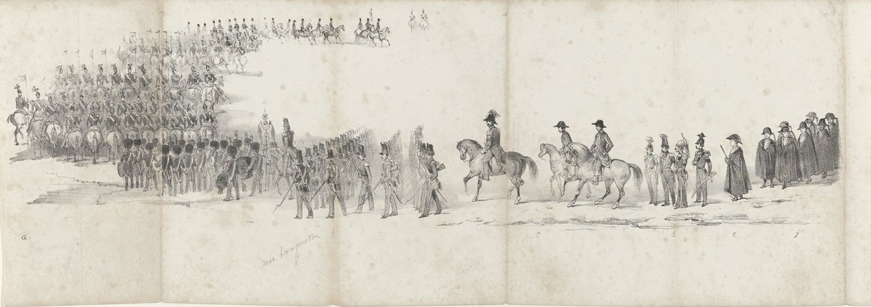 Pohřeb zesnulého krále Willema II v Delftu 4. dubna 1849 (strana 1) Pět souvislých listů pohřebního průvodu Viléma II v roce 1849 (název série) od Anonymous