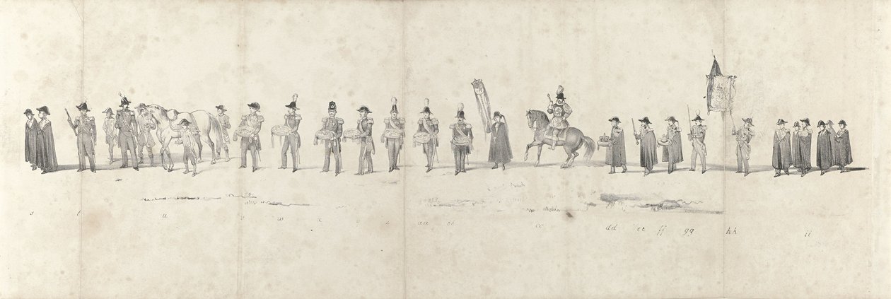 Pohřeb zesnulého krále Willema II v Delftu 4. dubna 1849 (strana 3) Pět souvislých listů pohřebního průvodu Viléma II v roce 1849 (název série) od Anonymous