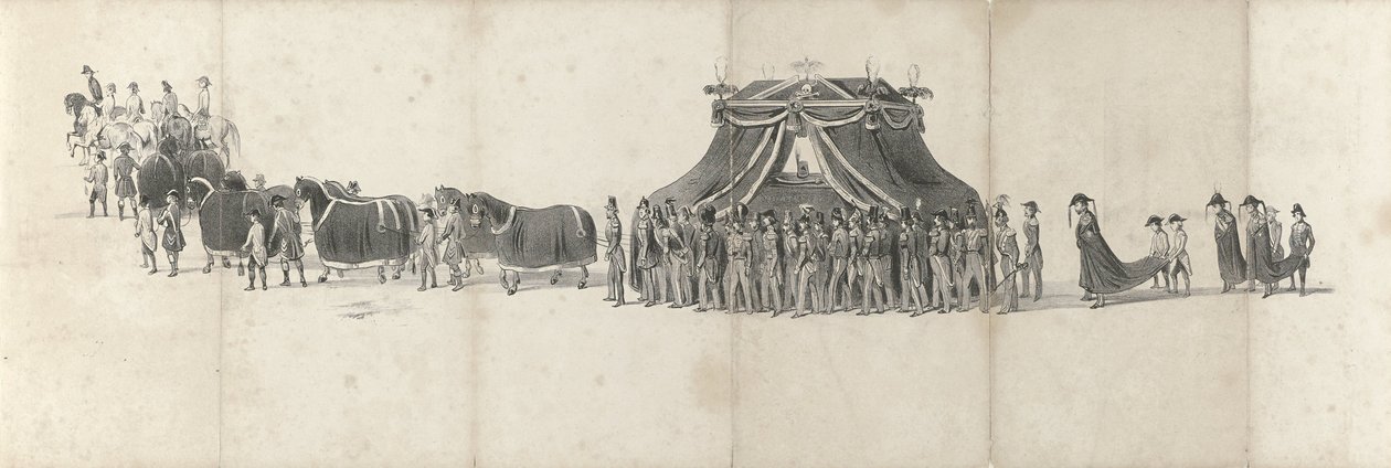 Pohřeb zesnulého krále Willema II v Delftu 4. dubna 1849 (strana 4) Pět souvislých listů pohřebního průvodu Viléma II v roce 1849 (název série) od Anonymous