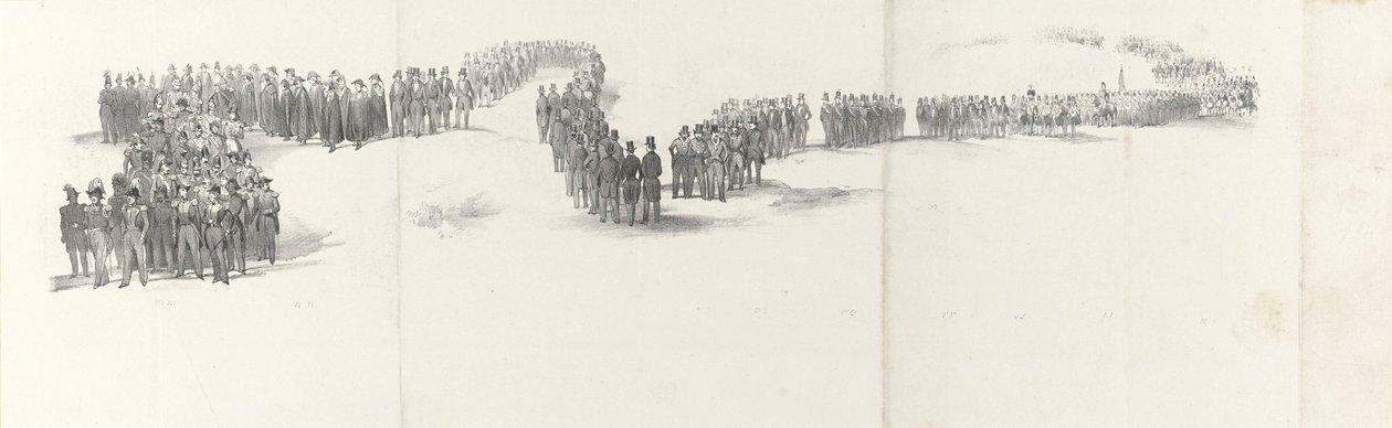Pohřeb zesnulého krále Willema II v Delftu 4. dubna 1849 (strana 5) Pět souvislých listů pohřebního průvodu Viléma II v roce 1849 (název série) od Anonymous