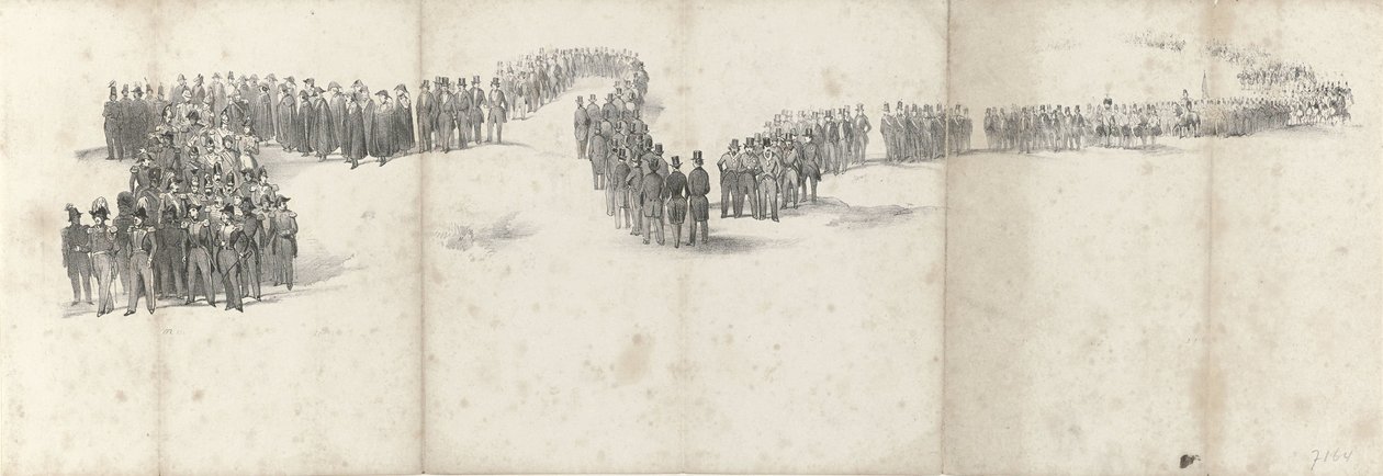 Pohřeb zesnulého krále Willema II v Delftu 4. dubna 1849 (strana 5) Pět souvislých listů pohřebního průvodu Viléma II v roce 1849 (název série) od Anonymous