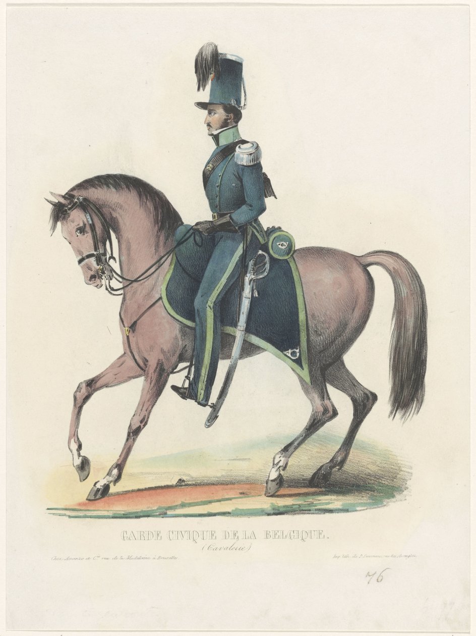 Belgický vigilante na koni, 1830 Garde Civique de la Belgique (Kavalérie) (název na předmětu) od Anonymous