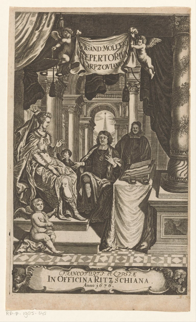 Benedikt Carpzov bij tronende koningin Carpzovian Repertory Wiganda Mollera (název na objektu) Název: Wigand Möller, Repertorium rerum, verborum, et notablem, 1676 od Anonymous