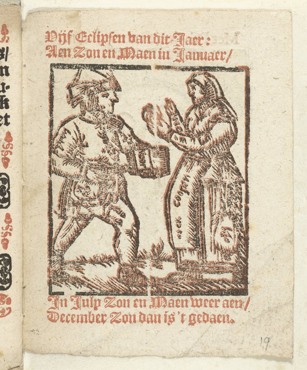 Stránka se stojícími postavami prodavače a ženy, 1712 Ve kterém Lidt de Maen je / kde zemřeš / odejít nahý, pokud to není skvělá poznámka; Als Peste / Pleures is / ende sulck quaet / oock niet sonder des Meestersraet (název na objektu) od Anonymous