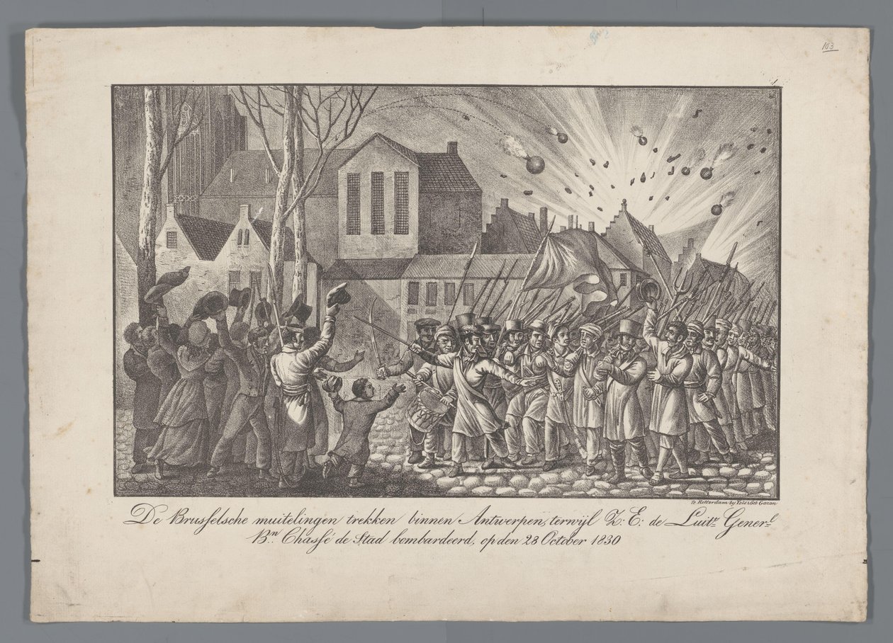 Bruselští vzbouřenci se stěhují do Antverp, zatímco Z.E. de Luit Generl. mld. Kč Chassé bombardoval město 28. října 1830 (název na objektu) od Anonymous