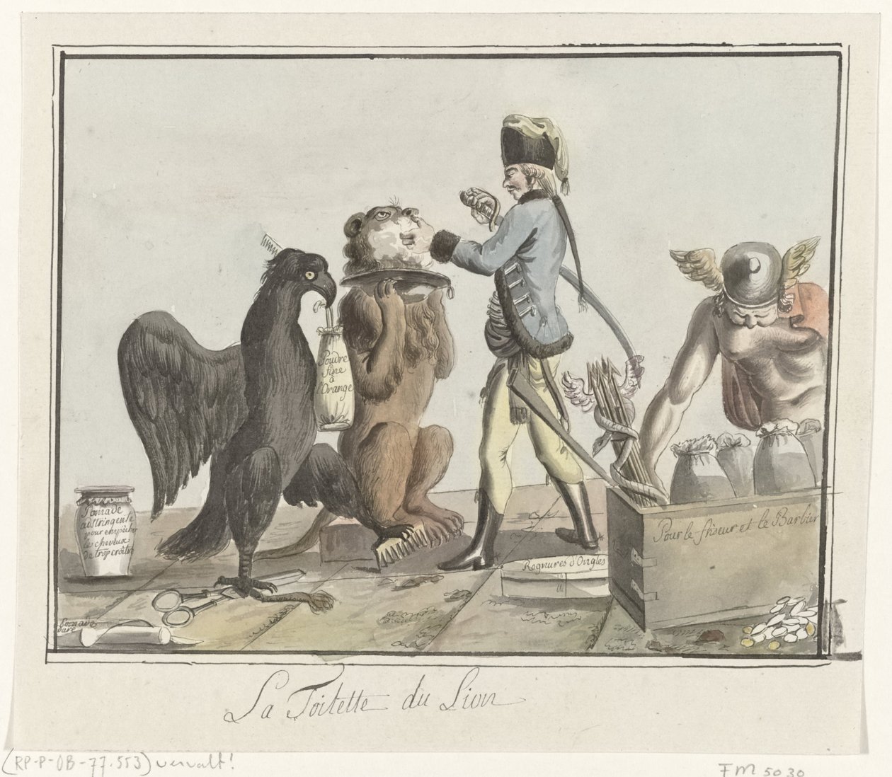 Nizozemský lev je ostříhaný, 1787 La Toilette du Lion (název na objektu) od Anonymous