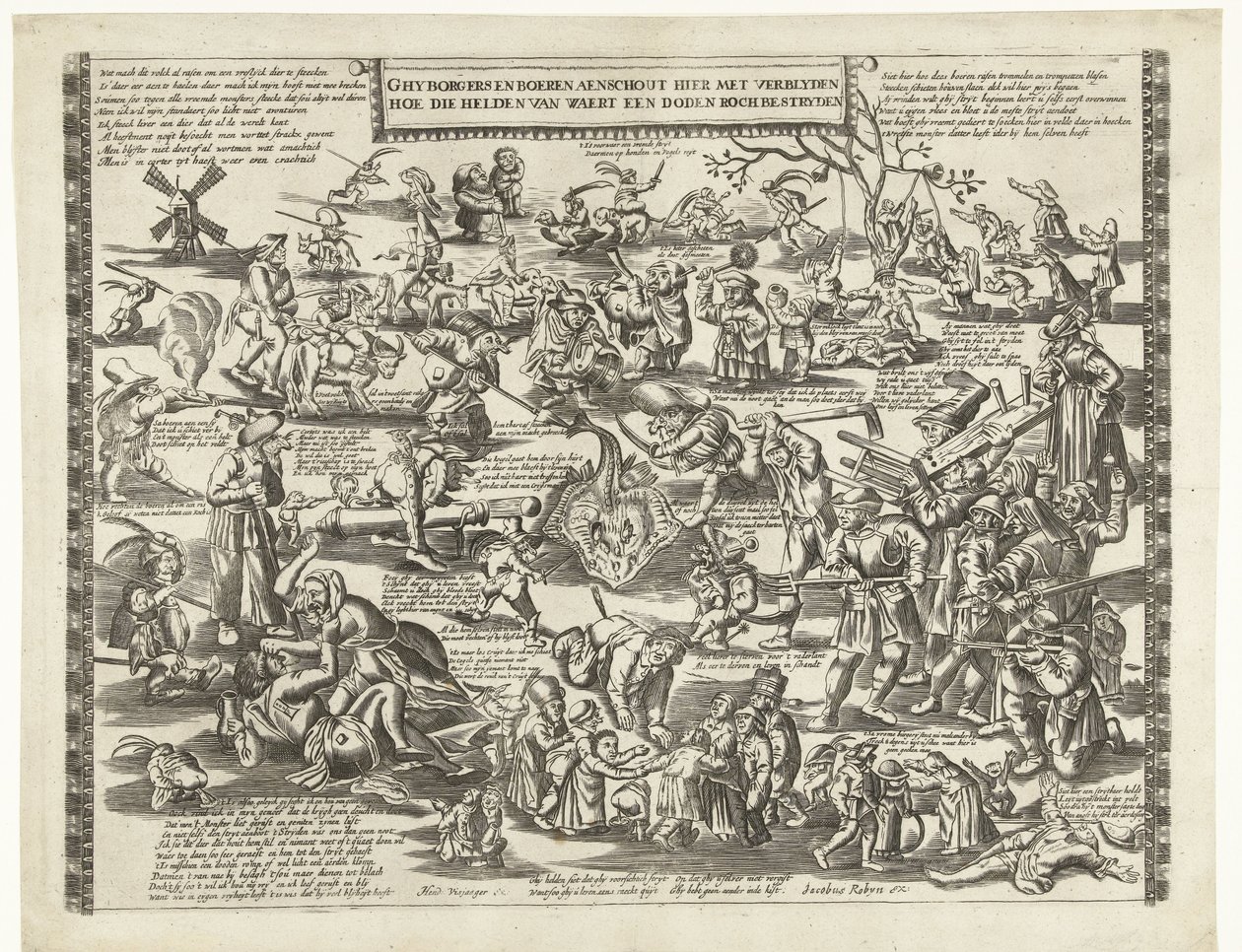 The Rogstekers of Weert, asi 1650 Ghy borgers a farmáři zde s radostí sledují, jak ti hrdinové z Waert bojují s mrtvým rochem (název na předmětu) od Anonymous