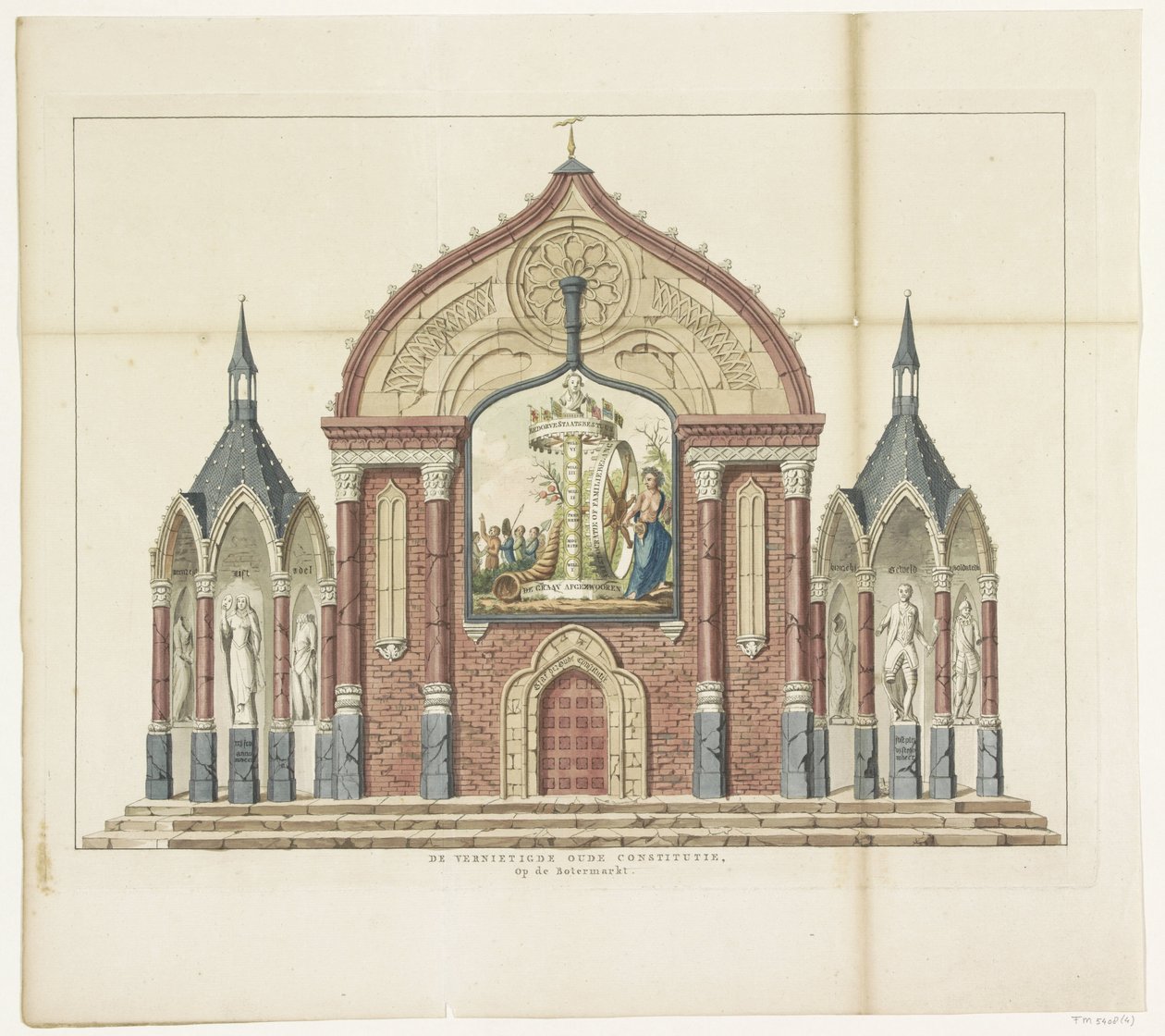 Zkáza staré ústavy, výzdoba na trhu s máslem, 1795 Zničená stará ústava, Na trhu s máslem Patnáct vyznamenání na Alliantiefeest v Amsterdamu v roce 1795 (název série) od Anonymous