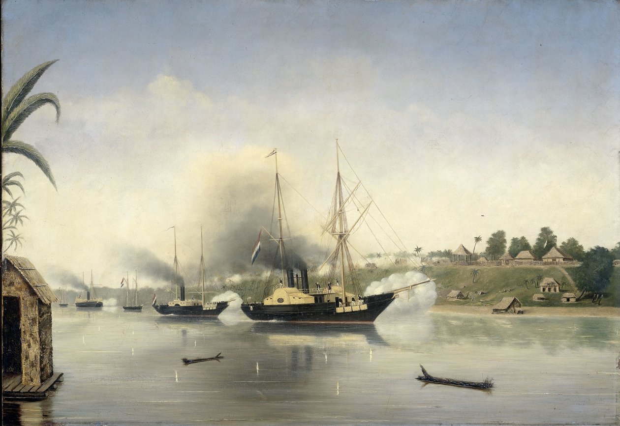 Ostřelování Kratonu sultána z Djambi vládními námořními loděmi „Celebes“, „Admiraal van Kinsbergen“ a „Onrust“ 8. září 1858 od Anonymous