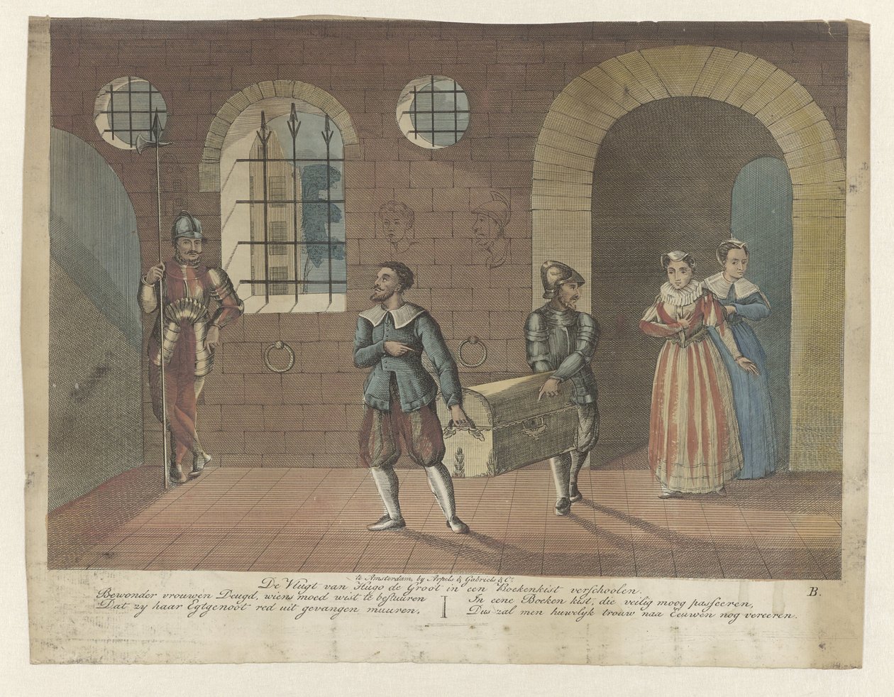 Truhla s knihami, ve které je ukryt Hugo de Groot, je nesena na veslici na zámku Loevestein, 1621 De Vlugt Huga de Groota se skrývá v knihovně (název na předmětu) od Anonymous