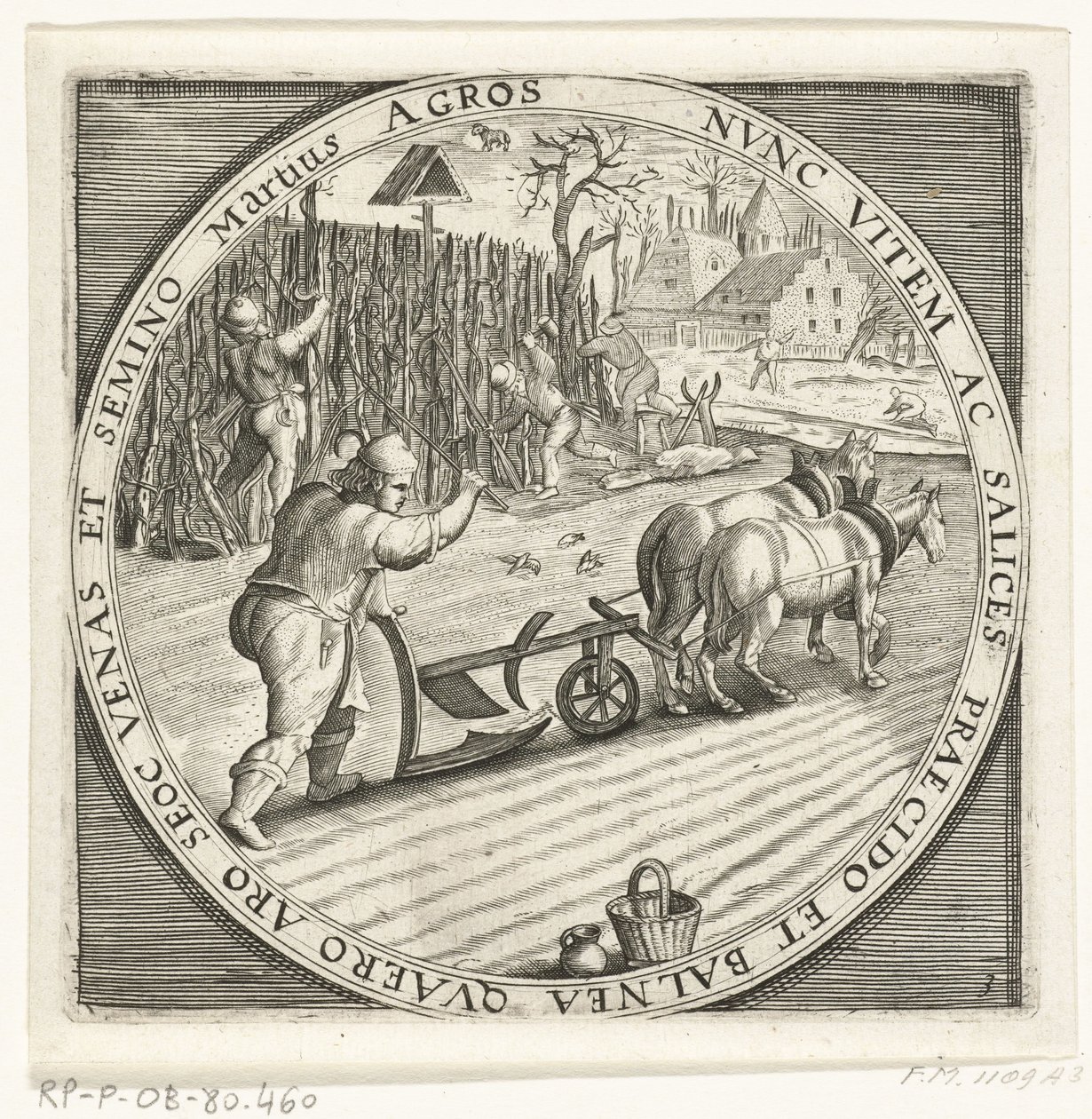 De maand maart, ploegen, ca. 1600 De twaalf maanden van het jaar verbeeld in scènes uit het volksleven (název série) Schémata 12 měsíců s jejich operacemi a jejich aplikací na znamení zvěrokruhu, rozdělená do čtyř částí roku (název série na objektu) od Anonymous