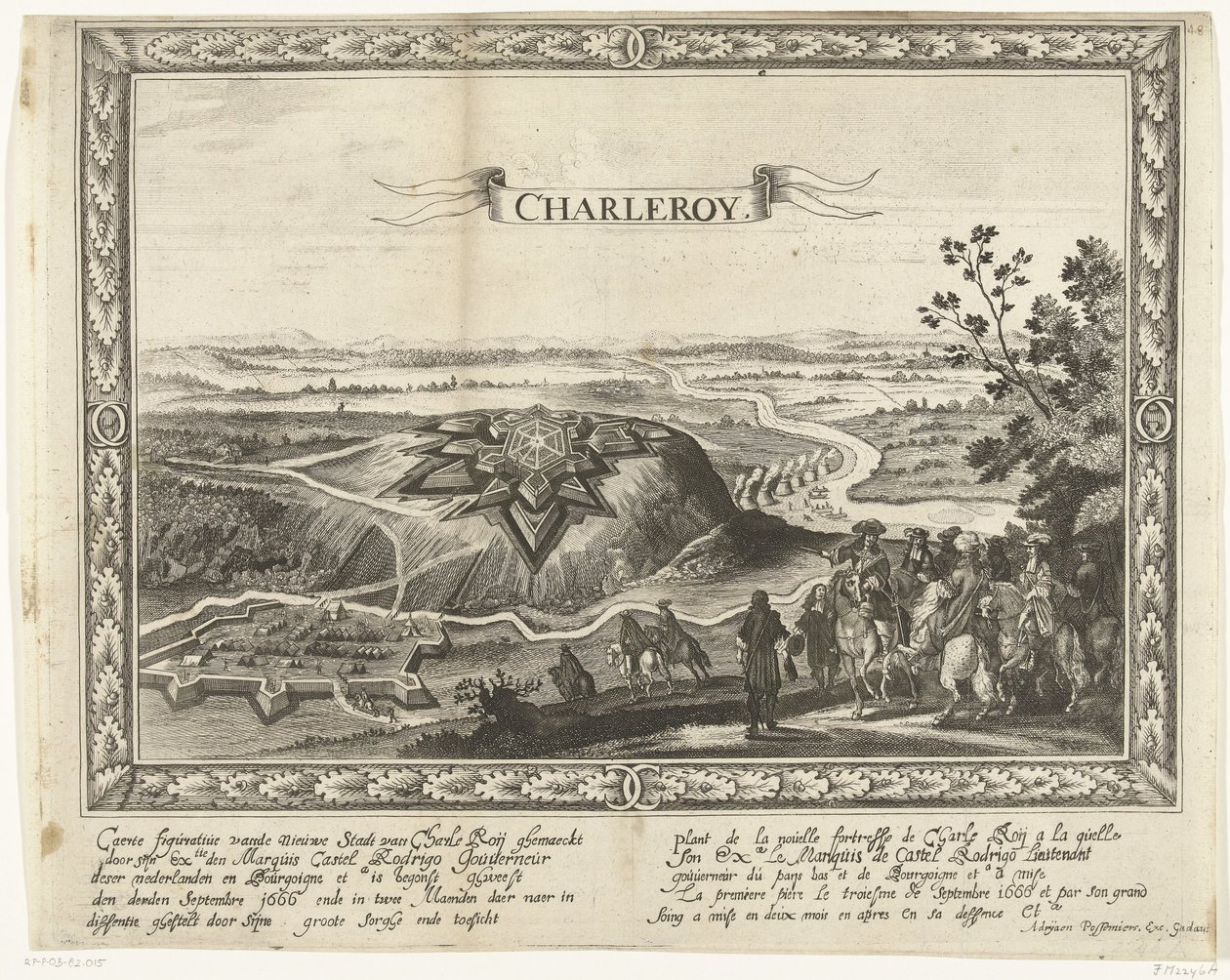 Nová pevnost Charleroi, 1666 Caerte figurative of the new city od Charle Roije (...) (název na předmětu) Plant de la nouelle fortresse de Charle Roij (...) (název na objektu) od Anonymous