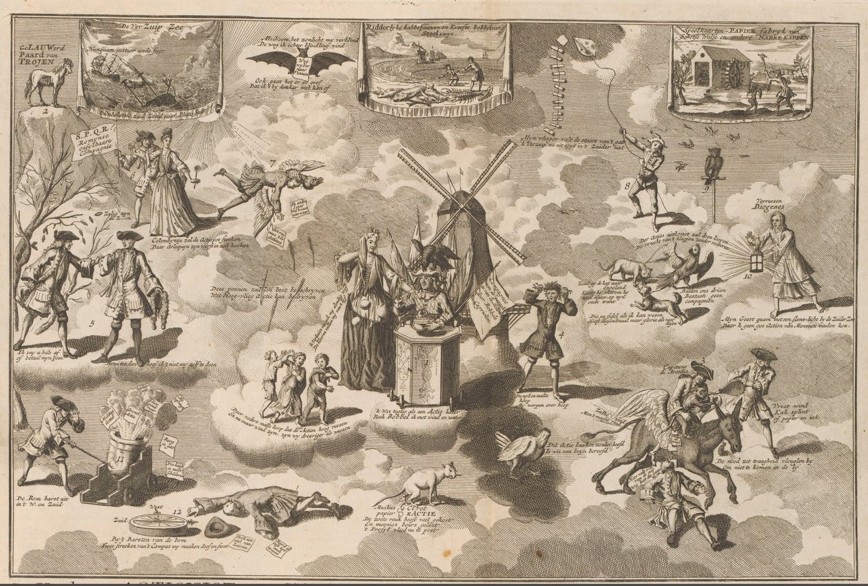 Poražený akcionista ve zvonícím křesle, 1720 Poražený akcionista v křesle s Rinkelsem, přemluvený trojským koněm Lauwerd (název na předmětu) The Great Scene of Folly (název série) od Anonymous