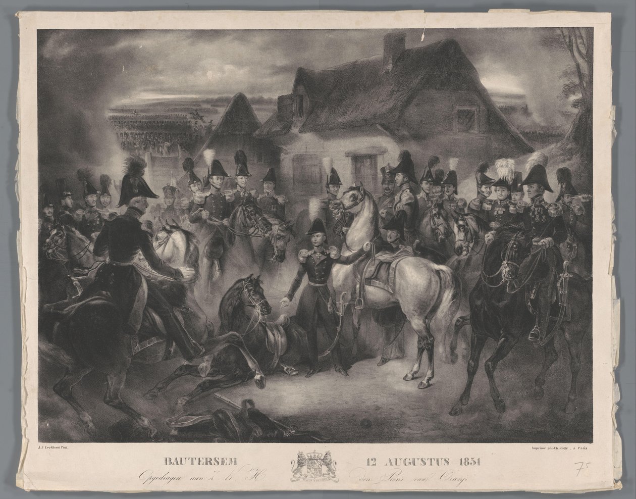 Náhrada zraněného koně prince Oranžského (pozdějšího krále Viléma II.), během bitvy u Boutersemu, 12. srpna 1831 Bautersem 12. srpna 1831 (název na objektu) od Anonymous