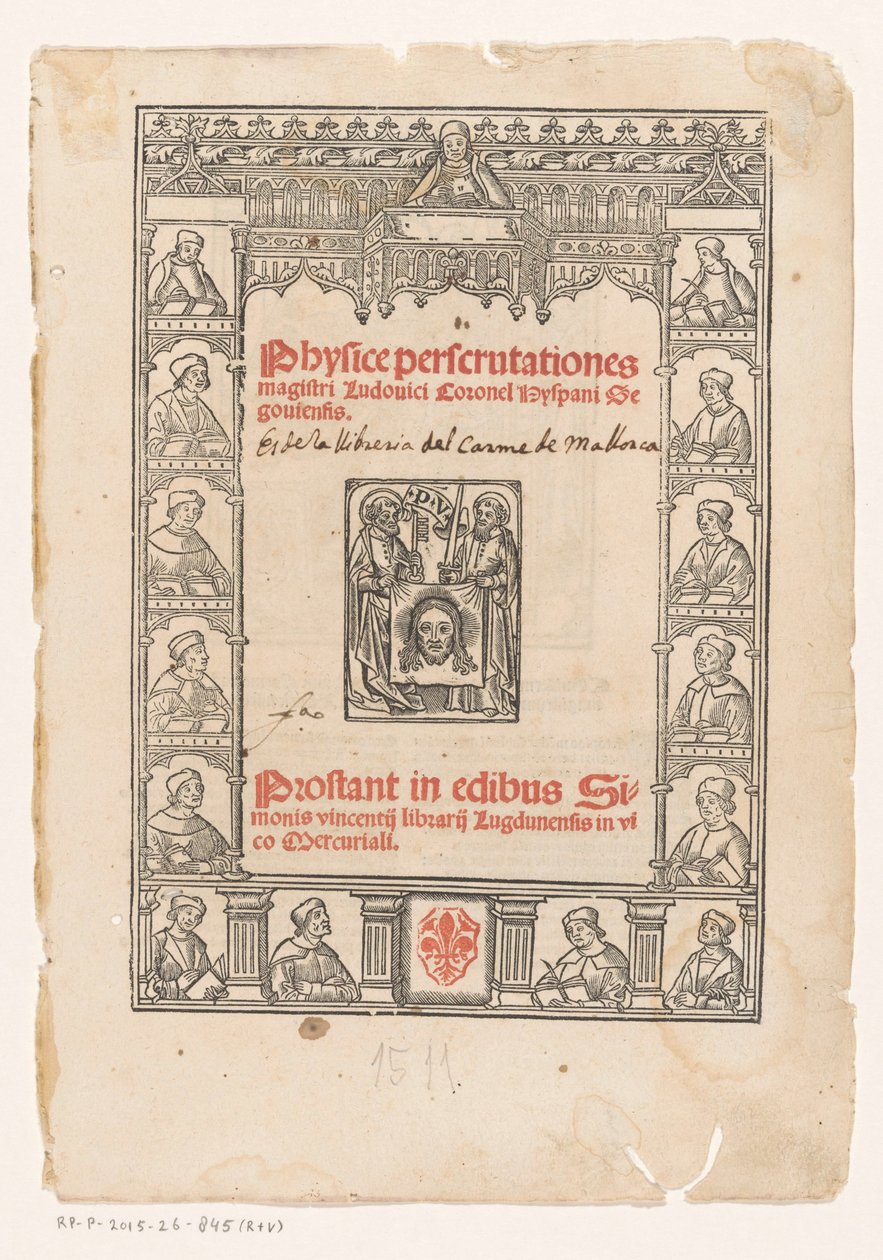 Dekorativní rám s patnácti učenci Titulní strana pro: Luis Coronel, Physice perscrutationes, 1511 od Anonymous