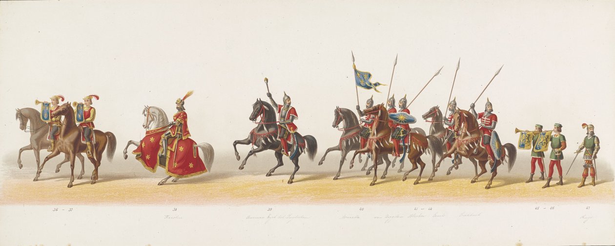 Delftský průvod z roku 1873 (třetí deska) Kostýmovaný průvod pořádaný členy delftského studentského sboru dne 8. července 1873, zobrazující vjezd Karla van Egmonda, vévody z Gelre, hraběte ze Zutphenu, do Arnhemu v roce 1492 (série ti od Anonymous