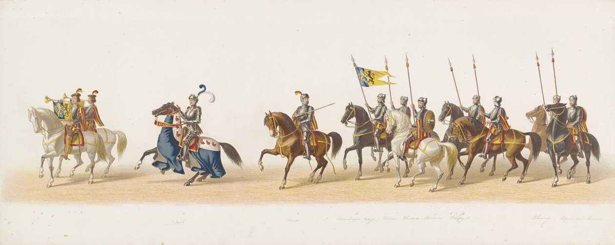 Delftský průvod 1873 (první deska) Kostýmovaný průvod pořádaný členy delftského studentského sboru dne 8. července 1873, zobrazující vjezd Karla van Egmonda, vévody z Gelre, hraběte ze Zutphenu, do Arnhemu v roce 1492 (série t od Anonymous