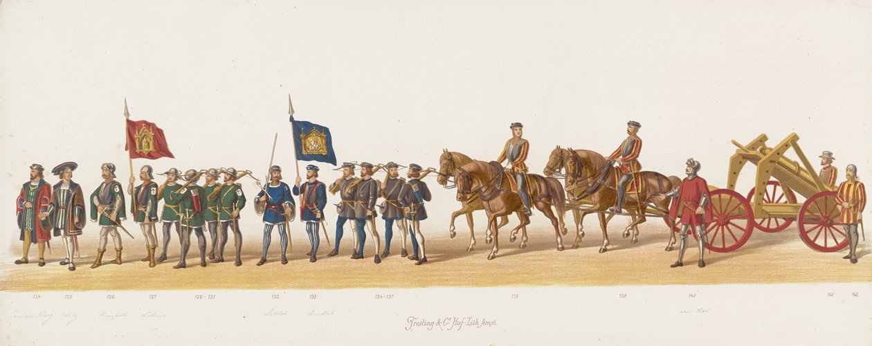 Delftský průvod 1873 (devátá deska) Kostýmovaný průvod pořádaný členy delftského studentského sboru dne 8. července 1873, zobrazující vjezd Karla van Egmonda, vévody z Gelre, hraběte ze Zutphenu, do Arnhemu v roce 1492 (série od Anonymous