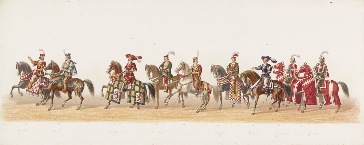 Delftský průvod 1873 (sedmá deska) Kostýmovaný průvod pořádaný členy delftského studentského sboru dne 8. července 1873, zobrazující vjezd Karla van Egmonda, vévody z Gelre, hraběte ze Zutphenu, do Arnhemu v roce 1492 (série od Anonymous