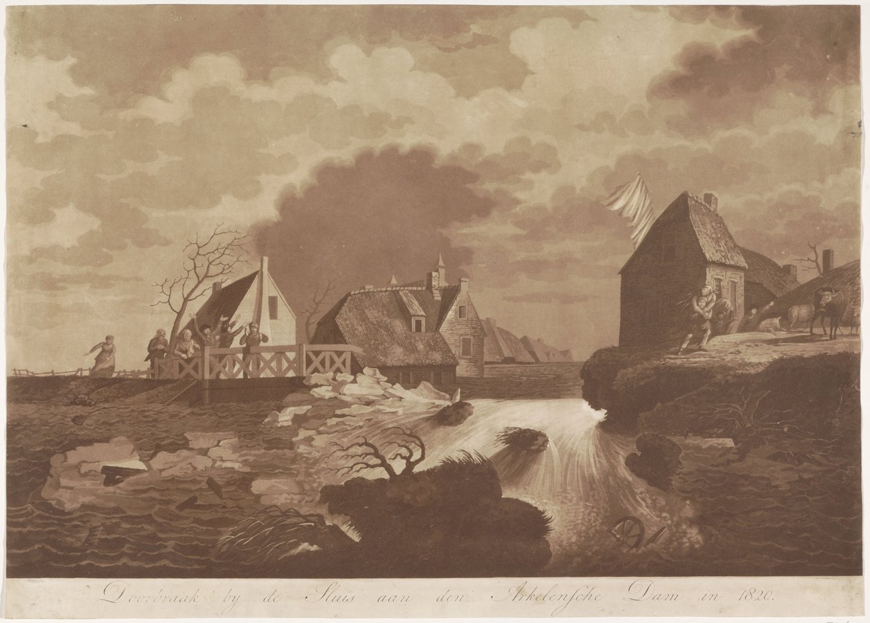 Průlom přehrady Arkelse poblíž Gorinchem, 1820 Průlom u přehrady Sluis aan den Arkelsche v roce 1820 (název na objektu) od Anonymous