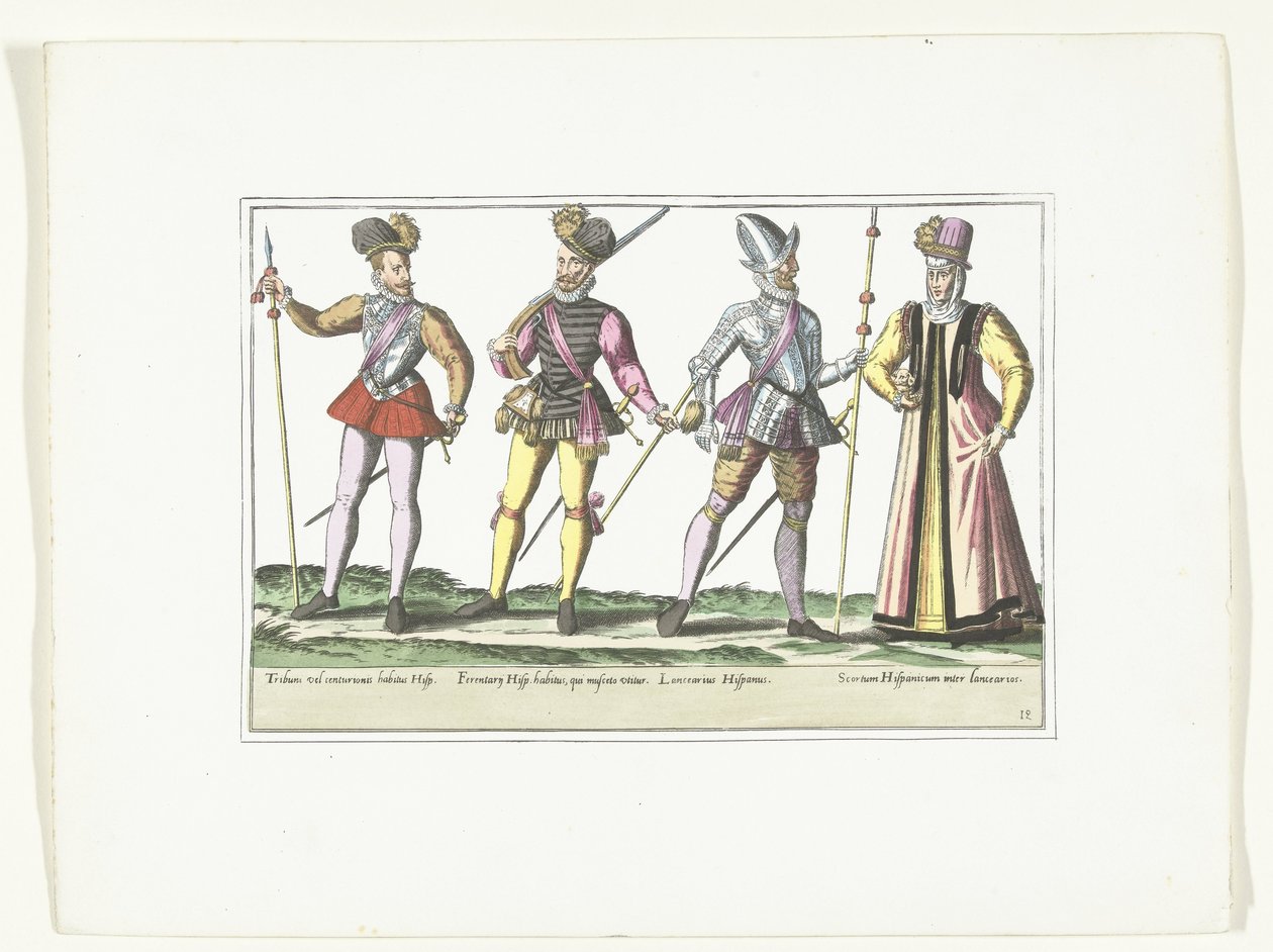 Tři španělští vojáci v uniformě a obchodník, kolem roku 1580 Kostýmy vojenské Espagnoly (název na předmětu) od Anonymous