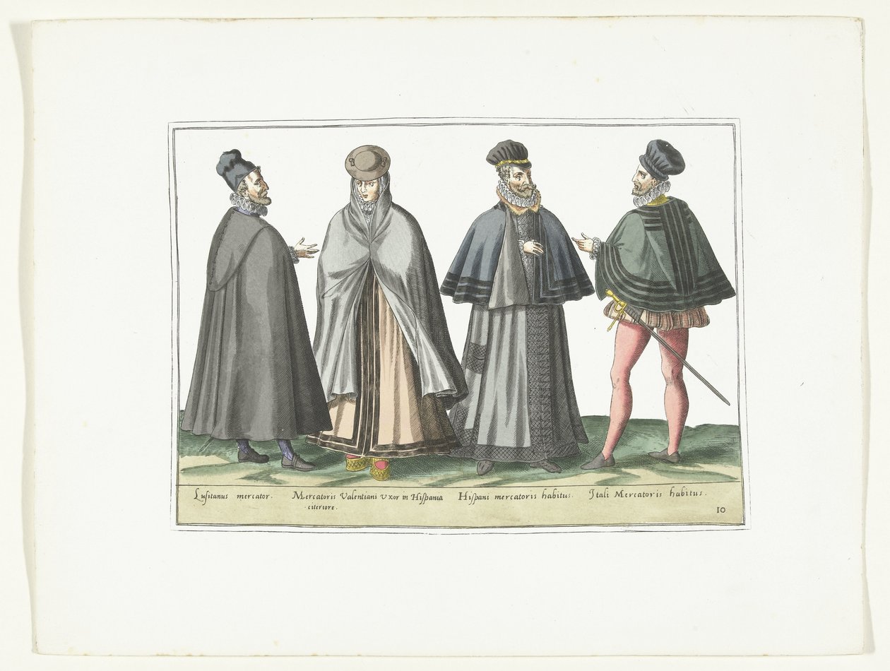 Tři muži a jedna žena v cizí módě, asi 1580 Modes étrangères (název na objektu) od Anonymous