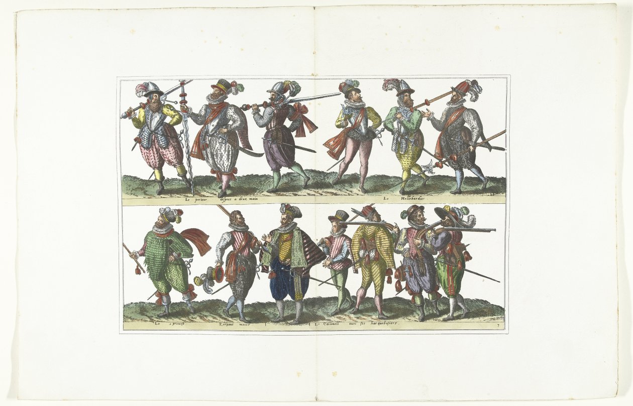 Dvojitý štítek s třinácti ozbrojenými civilisty v uniformách podle módy v Antverpách, cca 1580 Bourgeois d