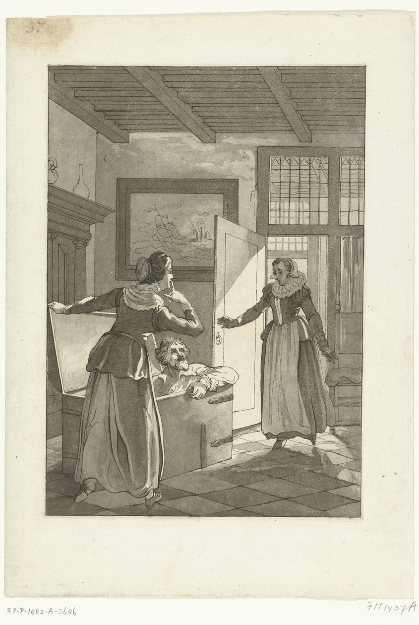 Elsje van Houweningen chytí Huga de Groota v knihovně, 1621 od Anonymous