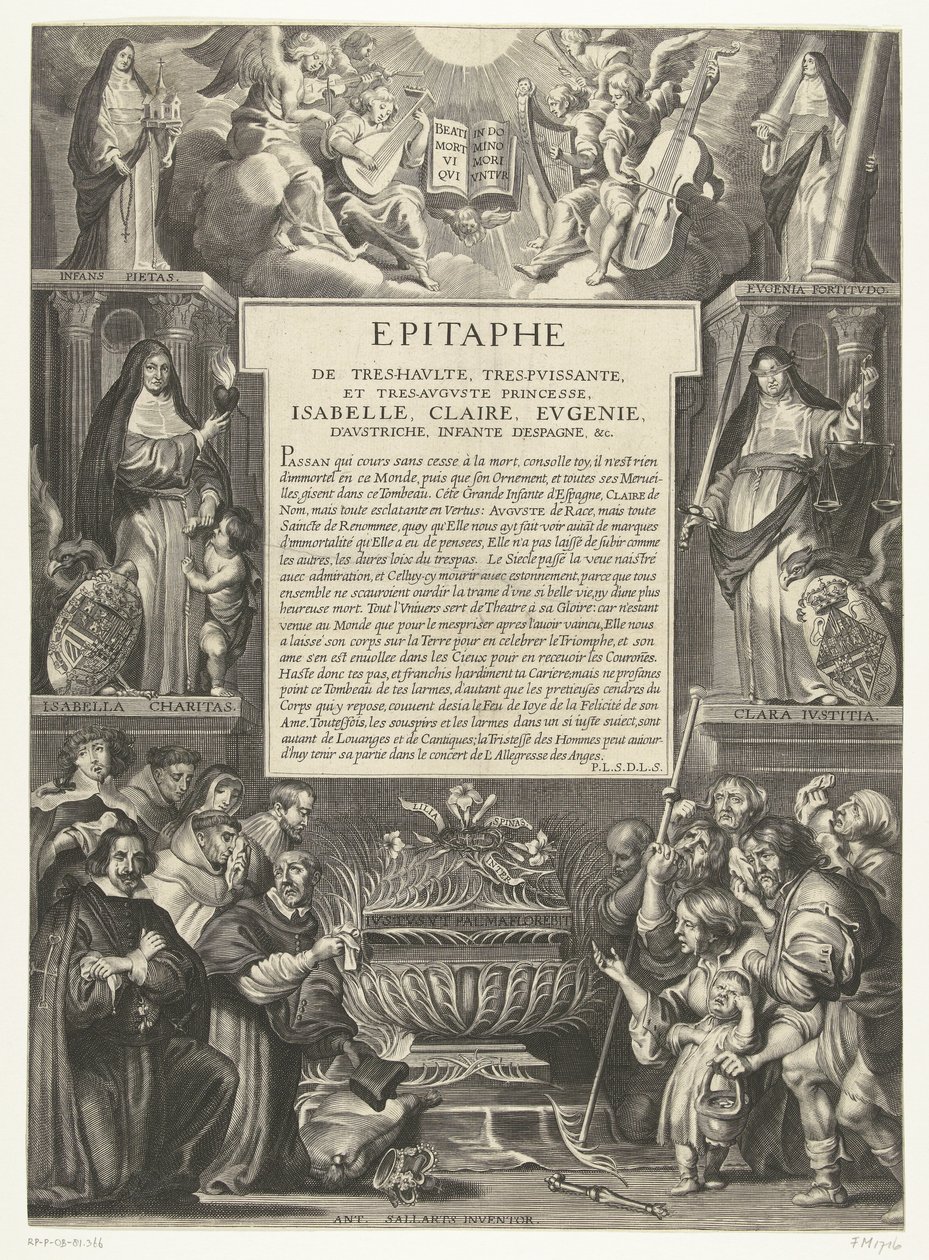 Epitaaf voor Isabella Clara Eugenia, 1633 Epitaf Nejvyšší, Nejmocnější a Nejsrpnové princezny, Isabelly, Claire, Eugenie, Rakouské, Infanta Španělska atd. (název na objektu) od Anonymous