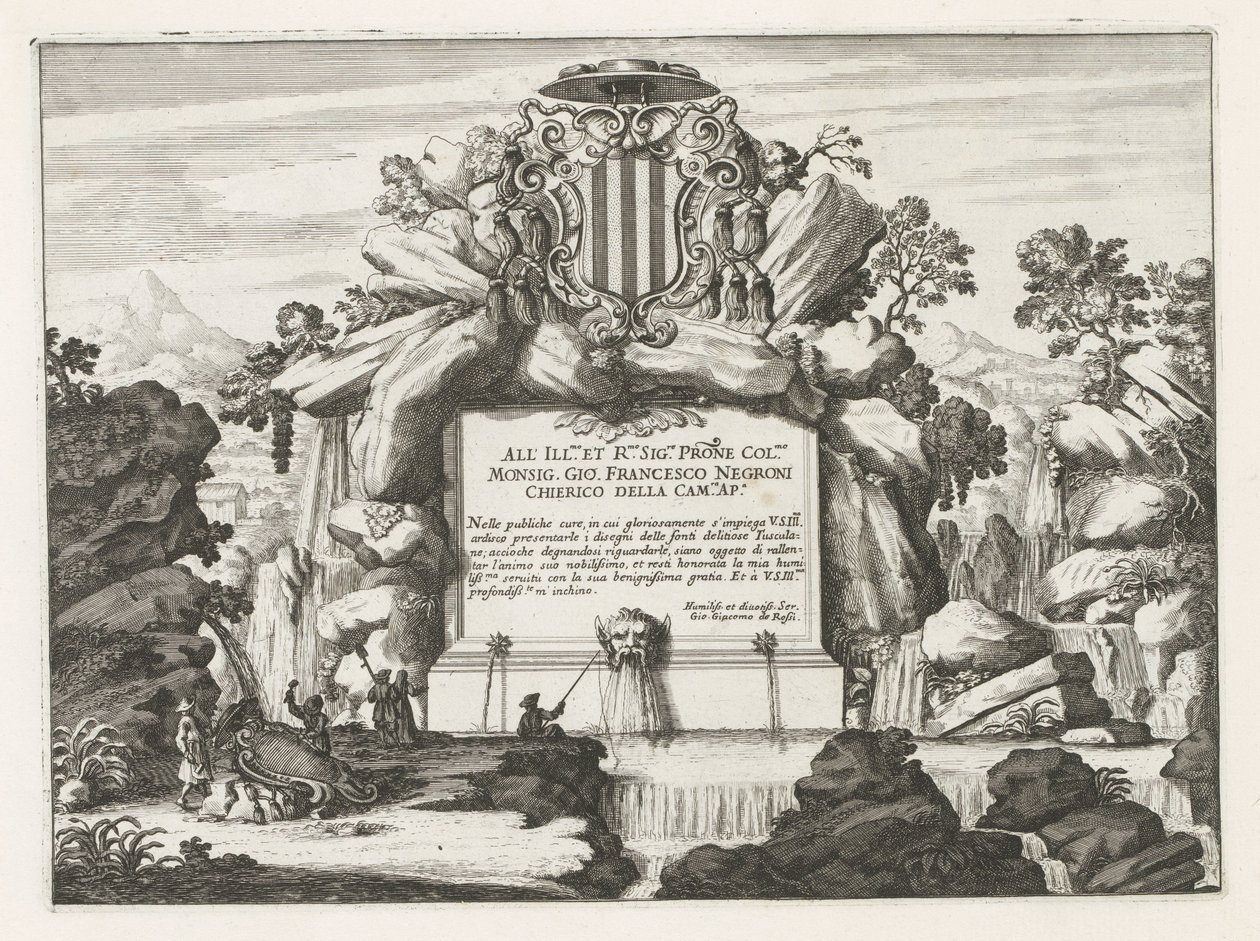 Fontána s věnováním a erbem od Giovanniho Francesca Negroniho Fontane delle ville di Frascati (název série) Fountains of Frascati (název série) od Anonymous