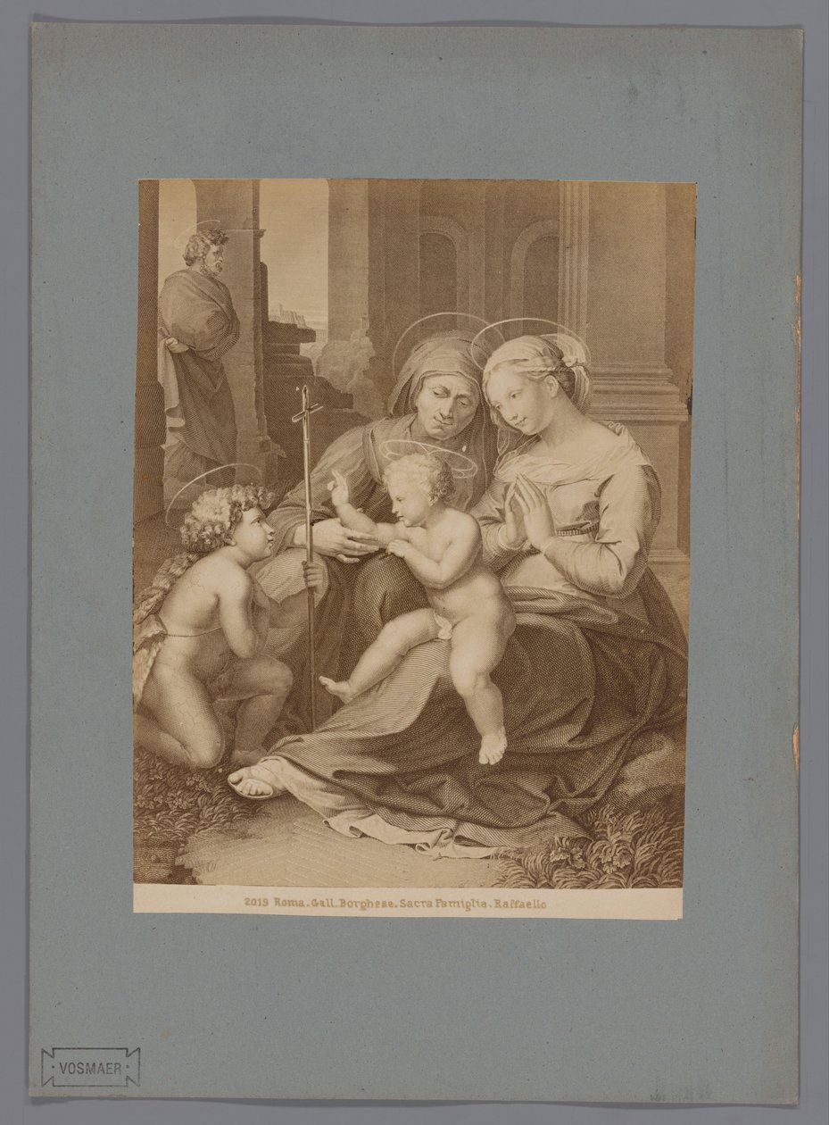 Fotoreprodukce rytiny podle obrazu Svatá rodina od Raphaela Romové. Žluč. Borghese. Sacra Familia. Raffaello (název na objektu) od Anonymous